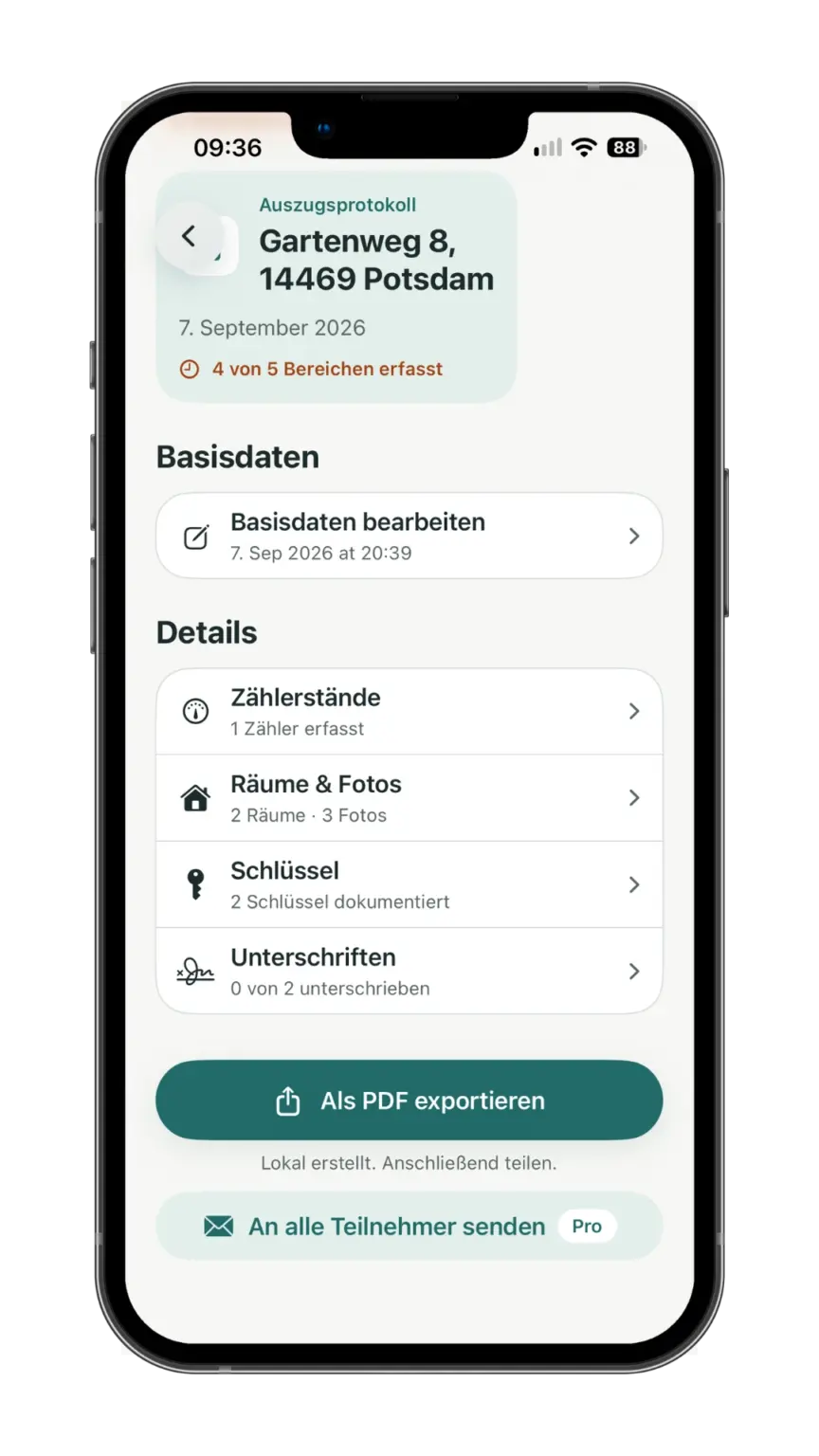 Egal ob Einzug, Auszug oder Kauf. Sauber dokumentiert, von beiden Seiten unterschrieben, als PDF exportiert.